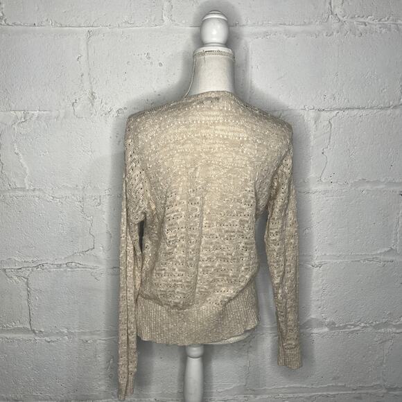 Loft Women’s Cotton Linen Beige Open Front Pointelle Cardigan Sweater Medium - Picture 3 of 8